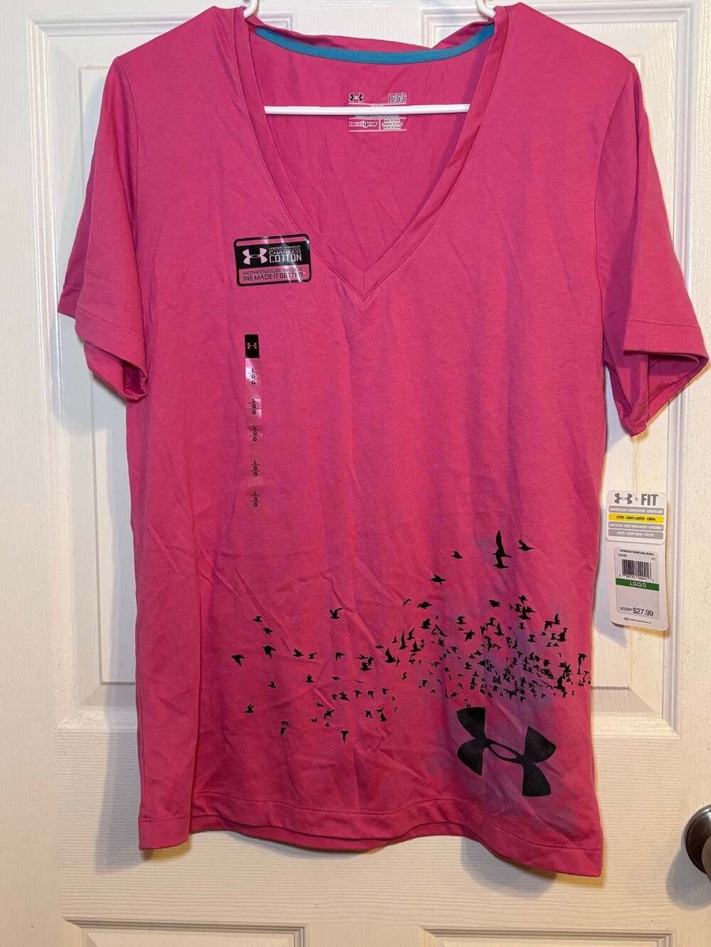Under Armour Charged Cotton Pink Bird Graphic V-Neck T-Shirt Women’s L NWT